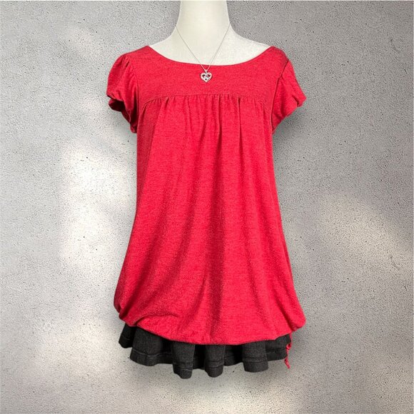 No Boundaries Tops - No Boundaries Babydoll Yoke Top Juniors' L Red Puff Sleeve Bubble Hem Y2K Shoujo